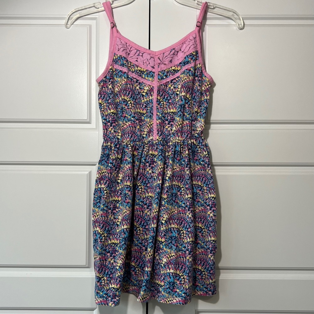 Roxy Girl Dress Multi Color Print Spaghetti Strap Lace Trim Youth M 10 12